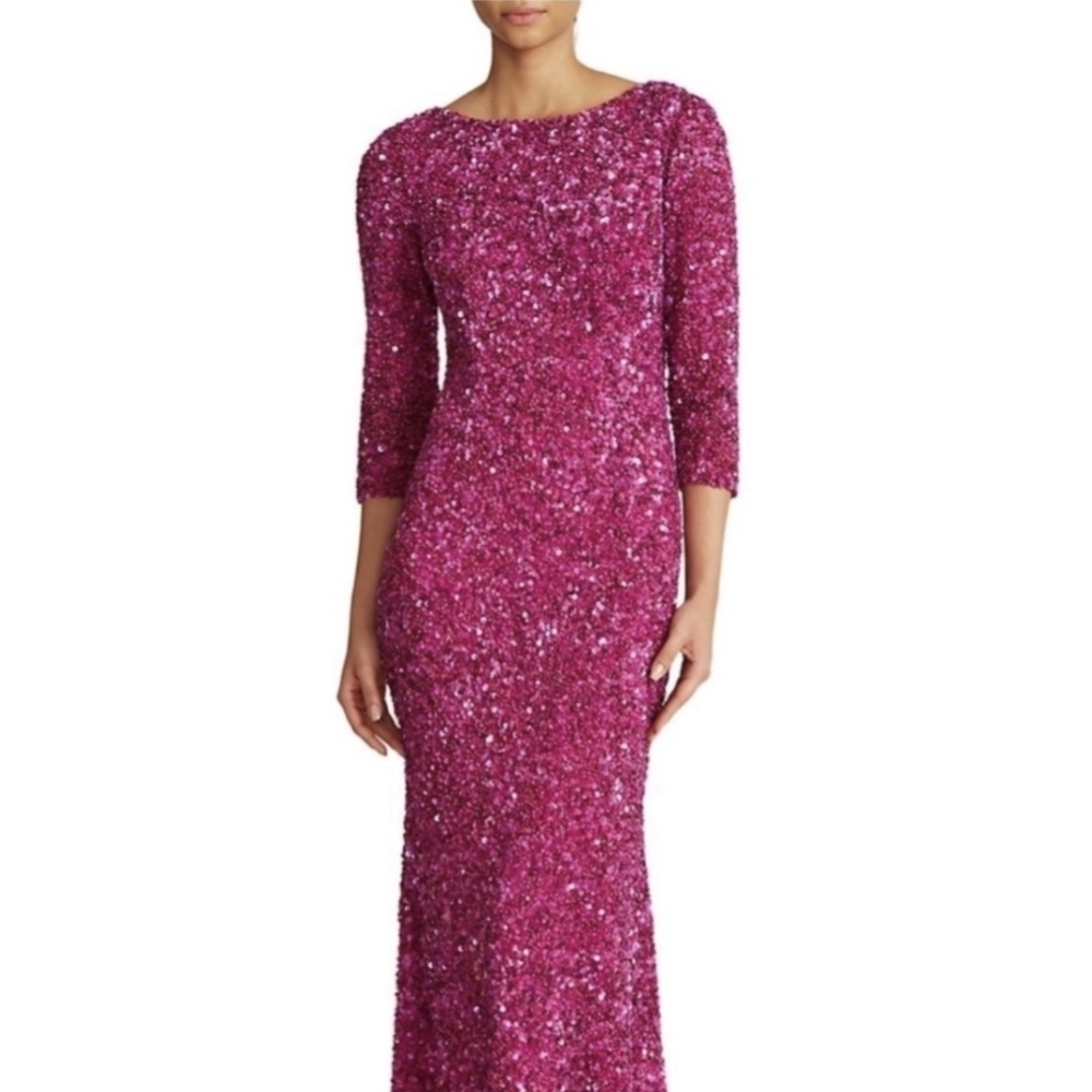 Theia Fuschia 3/4 Sleeve Sequined Fully Lined Bodycon Gown 8